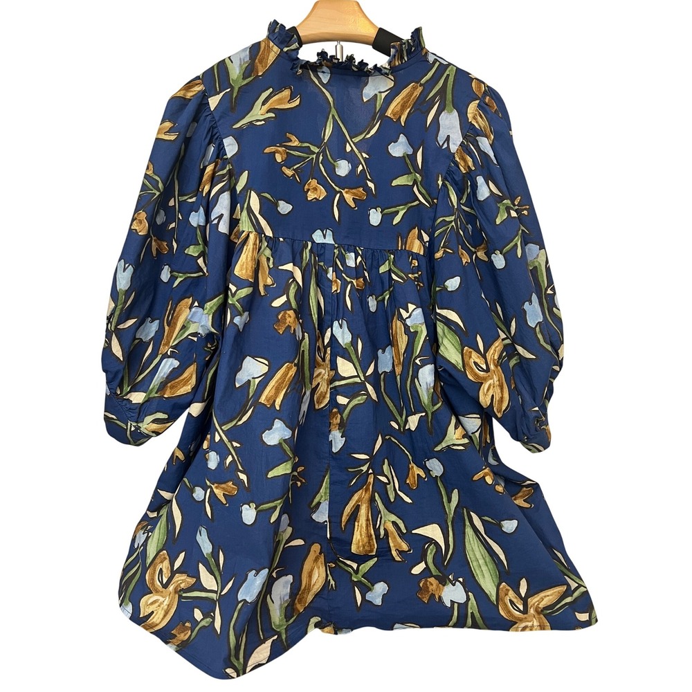Entro Women's 1X Blue Floral Print Ruffle Neck 3/4 Sleeve Boho Tunic/Top - Picture 3 of 7